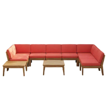 Grenada 8 Seater Acacia Wood Sectional Sofa Set, Teak+Red