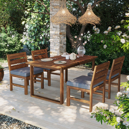 5‑Piece Acacia Wood Outdoor Farmhouse Dining Set with Cushions – Natural Finish