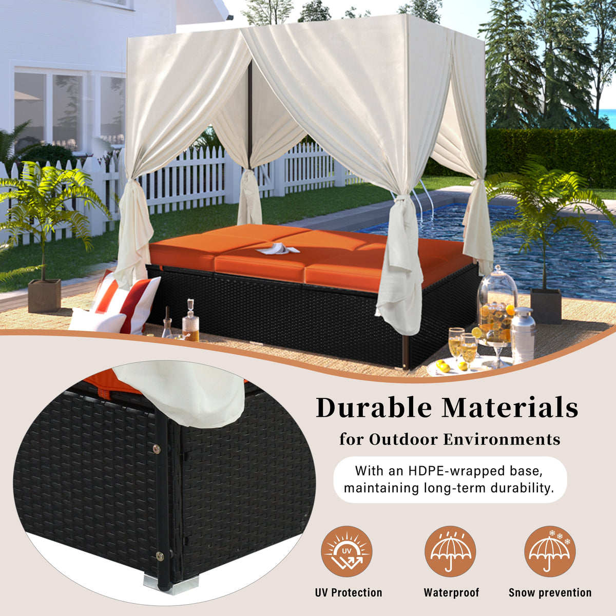 Outdoor Double Chaise Lounge Daybed with Adjustable Backrests and Curtains - Orange or Beige