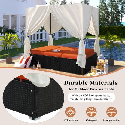 Outdoor Double Chaise Lounge Daybed with Adjustable Backrests and Curtains - Orange or Beige