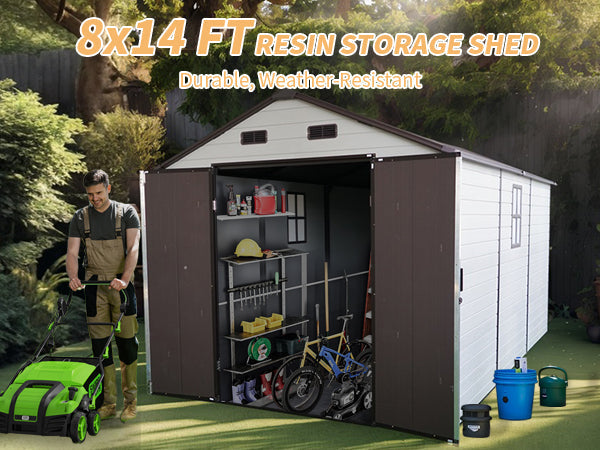 8' × 8' x 14' Outdoor Resin Storage Shed – Aluminum Frame, Windows & Included Floor