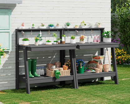 SERWALL Outdoor Potting Bench Set of 2 – All-Weather HDPE Garden Workstations with Storage Shelves & Hooks – Grey