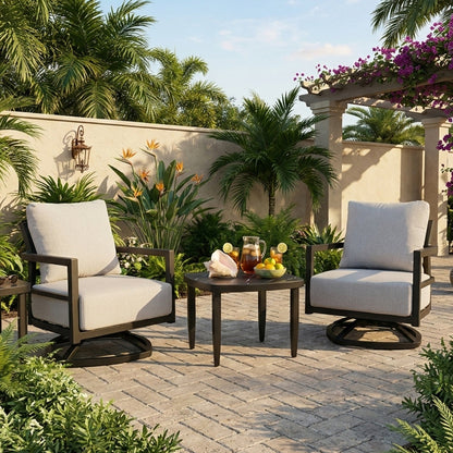 Outdoor Aluminum Swivel Chat Set with Sintered Stone Table & Sunbrella Cushions