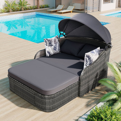 Outdoor Sunbed with Adjustable Canopy PE Rattan Daybed