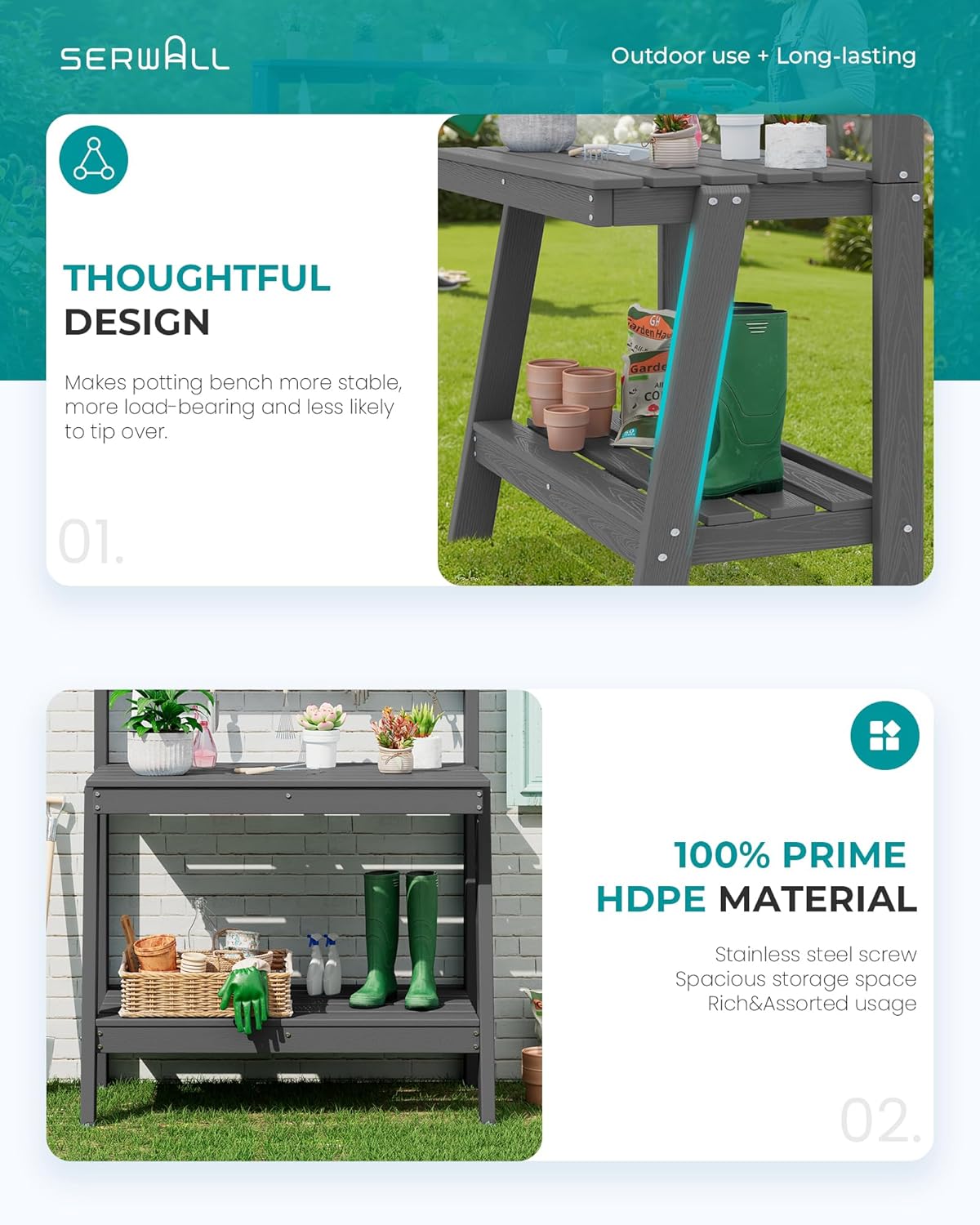 SERWALL Outdoor Potting Bench Set of 2 – All-Weather HDPE Garden Workstations with Storage Shelves & Hooks – Grey
