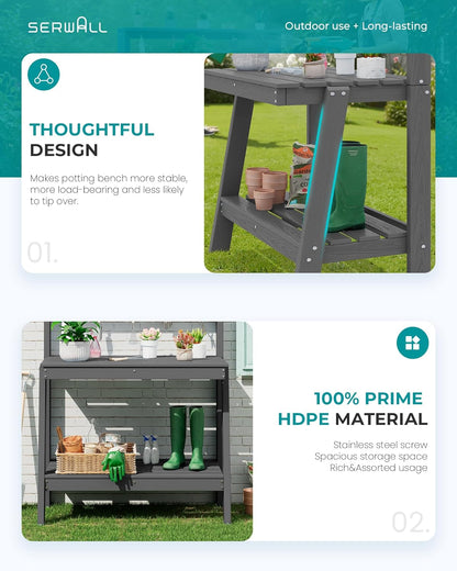 SERWALL Outdoor Potting Bench Set of 2 – All-Weather HDPE Garden Workstations with Storage Shelves & Hooks – Grey