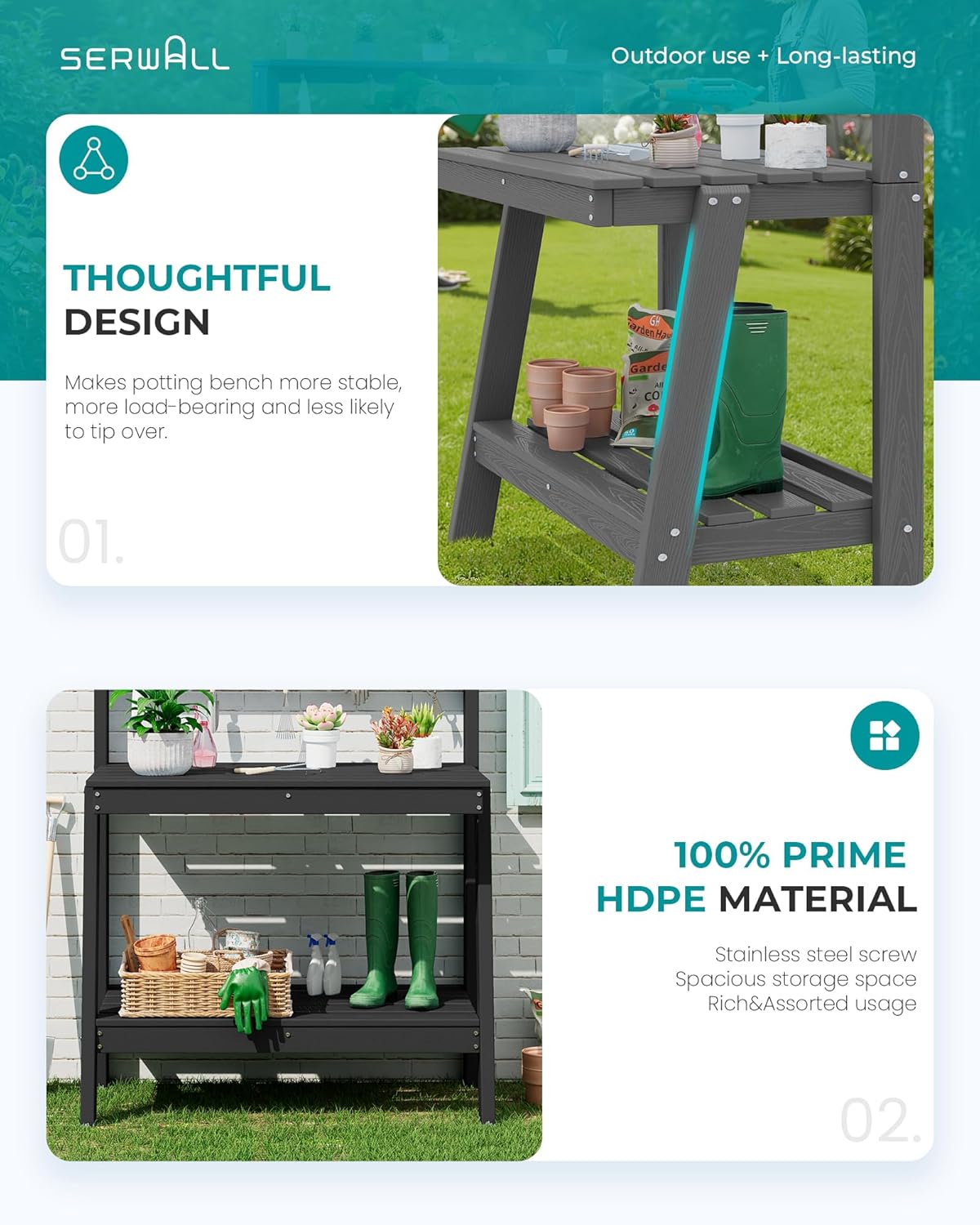 SERWALL Outdoor Potting Bench Set of 2 – All-Weather HDPE Garden Workstations with Storage Shelves & Hooks – Black