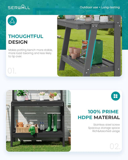 SERWALL Outdoor Potting Bench Set of 2 – All-Weather HDPE Garden Workstations with Storage Shelves & Hooks – Black