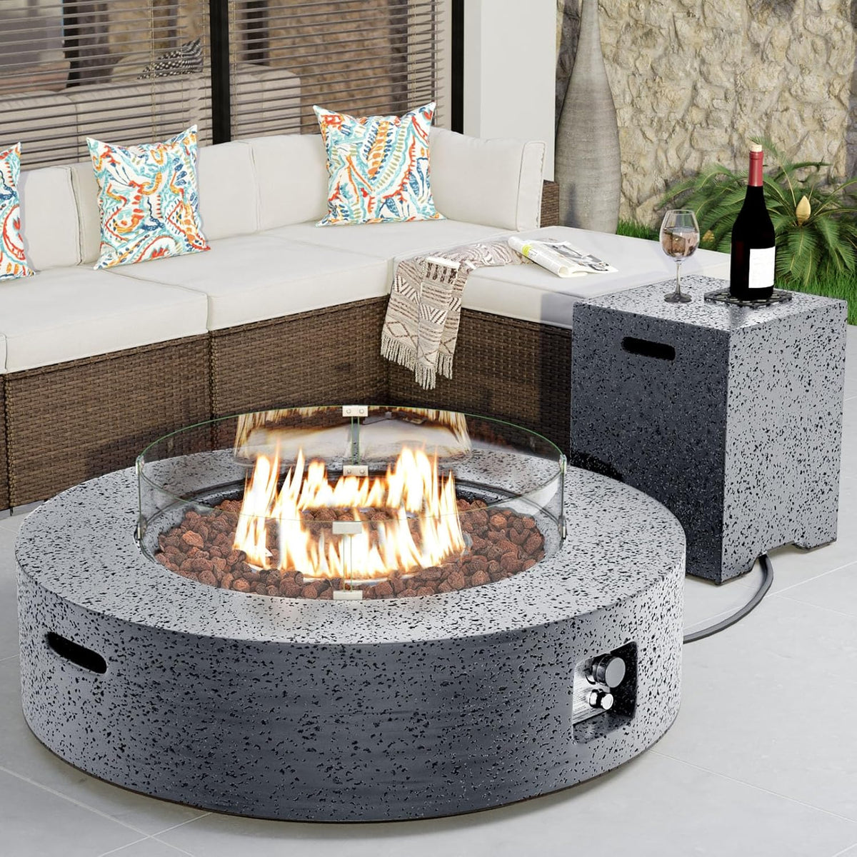 COSIEST 41 inch Outdoor Propane Fire Pit Coffee Table w Concrete Round Base Patio Heater, CSA Certified, 50,000 BTU Stainless Steel Burner, Free Lava Rocks, Rain Cover, Wind Guard, Tank Cover, Gray