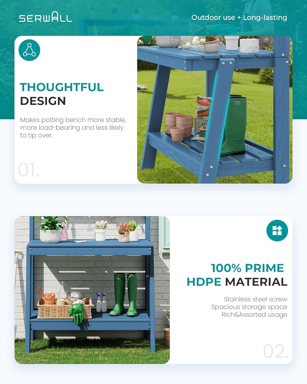 SERWALL Potting Bench Outdoor with Storage Set of 2, 3-Tier HDPE Gardening Table with Angled Legs & Tool Hooks, All-Weather Heavy Duty Potting Table for Patio, Backyard, Garden, Blue