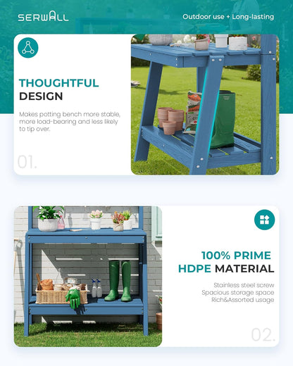 SERWALL Potting Bench Outdoor with Storage Set of 2, 3-Tier HDPE Gardening Table with Angled Legs & Tool Hooks, All-Weather Heavy Duty Potting Table for Patio, Backyard, Garden, Blue
