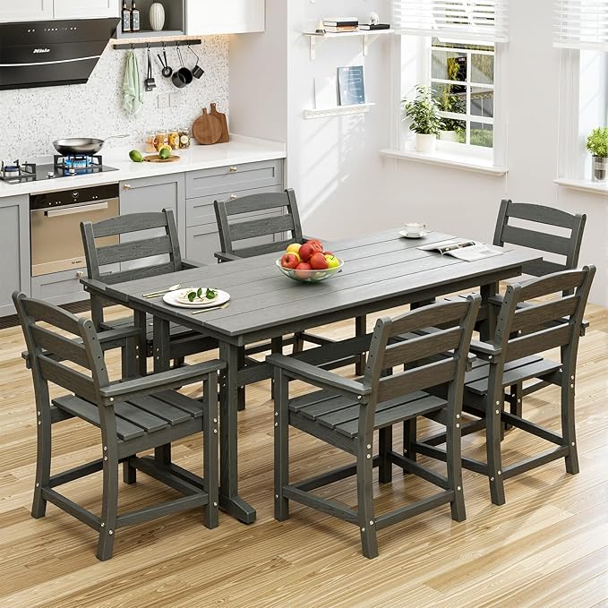 7-Piece HDPE Outdoor Dining Set – All-Weather Patio Table & 6 Chairs with Umbrella Hole – Gray