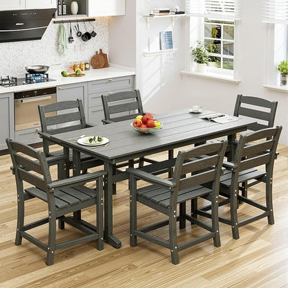 7-Piece HDPE Outdoor Dining Set – All-Weather Patio Table & 6 Chairs with Umbrella Hole – Gray