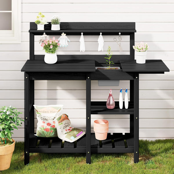 SERWALL Outdoor Potting Bench Potting Table with Sink, HDPE Potting Benches with Storage for Outside Gardening Table All Weather Use- Black