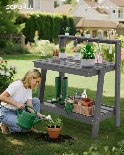 SERWALL Outdoor Potting Bench Set of 2 – All-Weather HDPE Garden Workstations with Storage Shelves & Hooks – Grey