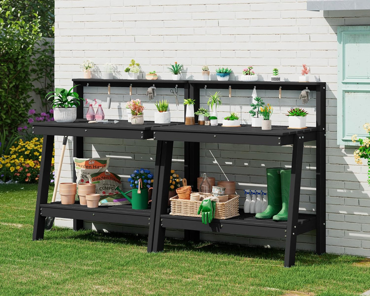SERWALL Outdoor Potting Bench Set of 2 – All-Weather HDPE Garden Workstations with Storage Shelves & Hooks – Black