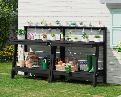 SERWALL Outdoor Potting Bench Set of 2 – All-Weather HDPE Garden Workstations with Storage Shelves & Hooks – Black