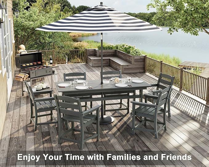 7-Piece HDPE Outdoor Dining Set – All-Weather Patio Table & 6 Chairs with Umbrella Hole – Gray
