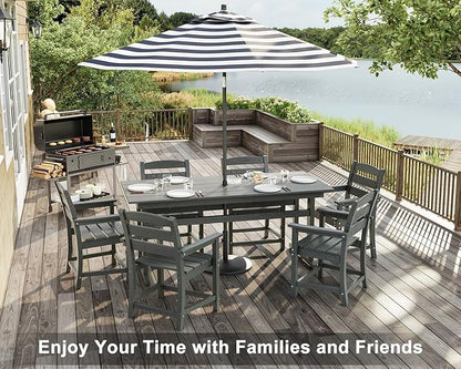 7-Piece HDPE Outdoor Dining Set – All-Weather Patio Table & 6 Chairs with Umbrella Hole – Gray