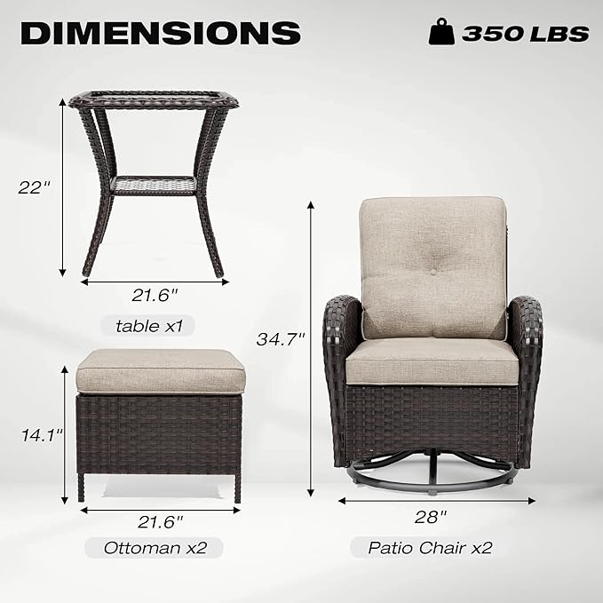 Joyside 5-Piece Outdoor Wicker Patio Set – 360° Swivel Glider Chairs with Beige Cushions