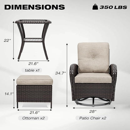 Joyside 5-Piece Outdoor Wicker Patio Set – 360° Swivel Glider Chairs with Beige Cushions