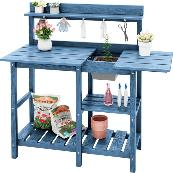 SERWALL Outdoor HDPE Garden Potting Bench with Sink – Sliding Tabletop, Storage Shelves & Side Hooks – Blue