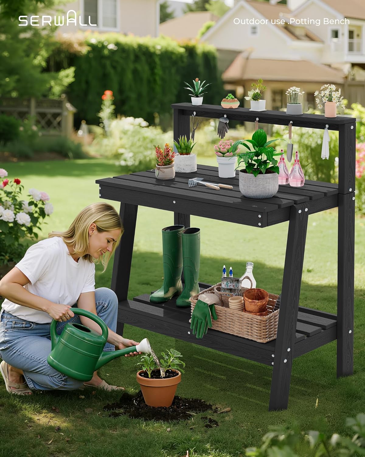 SERWALL Outdoor Potting Bench Set of 2 – All-Weather HDPE Garden Workstations with Storage Shelves & Hooks – Black