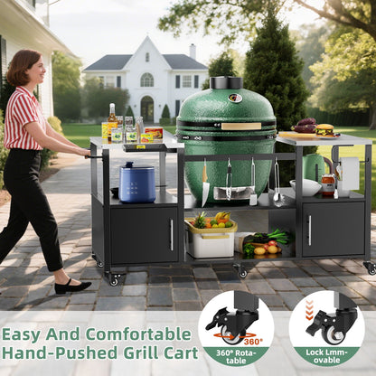 Outdoor Grill Table for Big Egg‑Style BBQ with Metal & Stainless Steel Cart and Storage — Black/Silver