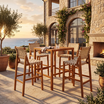 Acacia Wood Bar‑Height Patio Dining Set — 5‑Piece Square Table & Woven Bar Chairs