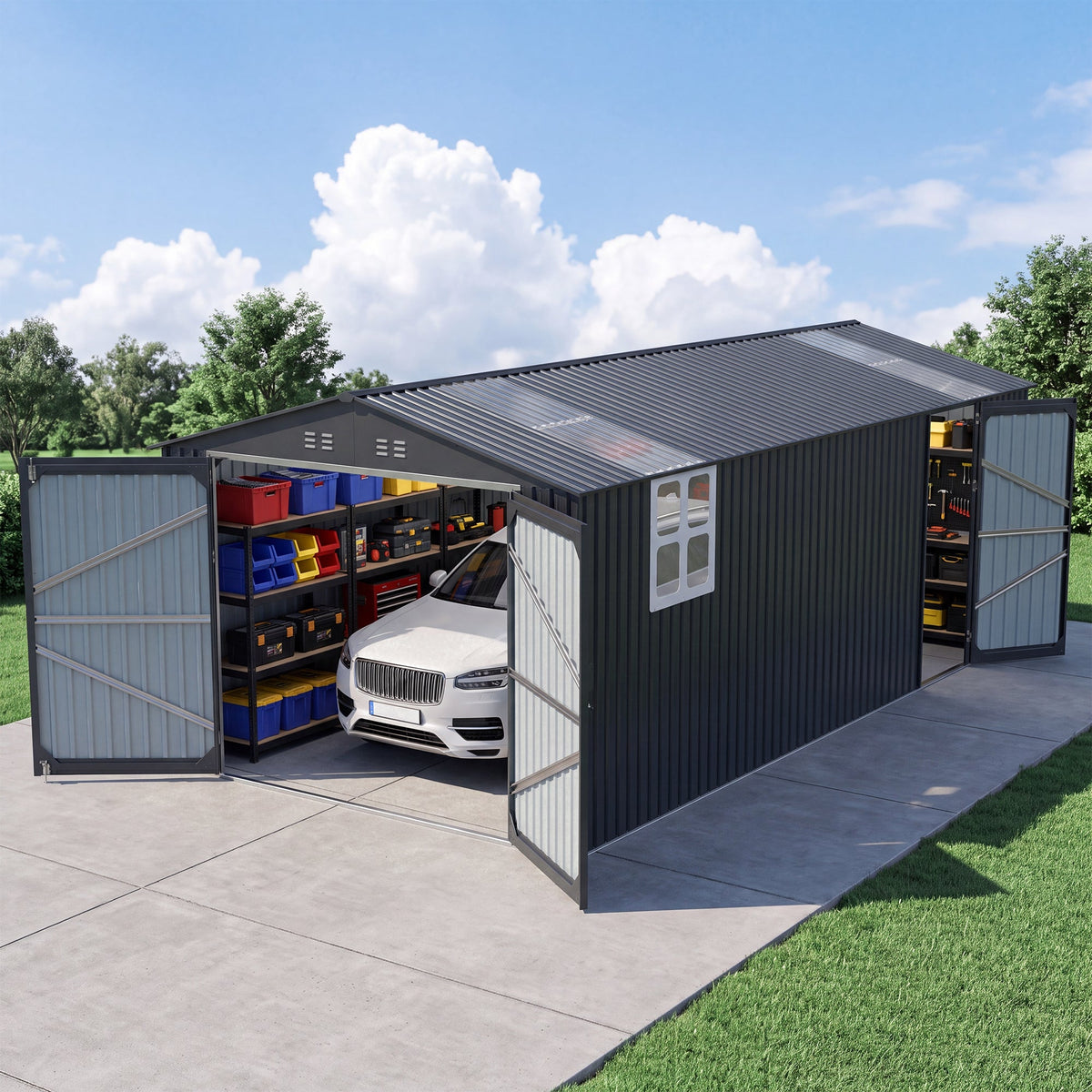 20' x 13' Outdoor Storage Shed with Double Doors and Skylight - Metal