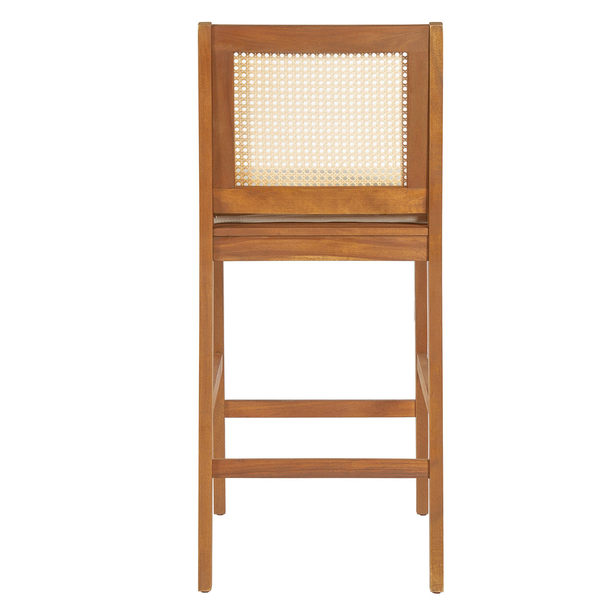 Kirkby Acacia Wood Outdoor Barstool with Woven Rattan Backrest & Cushion  Short + Clean