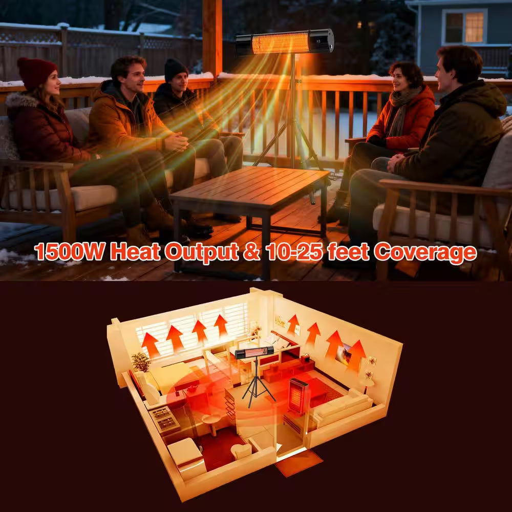 1500W Indoor Outdoor Carbon Infrared Electric Heater with Tripod Stand Wall Mount Remote Timer Tip-Over Switch