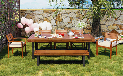 Outdoor Dining Set for 7–8 — Acacia Wood, Beige Cushions & Ergonomic Chairs