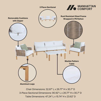 Vine 4‑Piece Outdoor Conversation Set with Convertible Sectionals & Marble‑Design Table – White