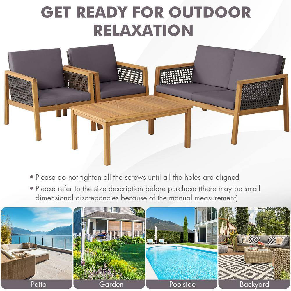 4PCS Patio Acacia Wood Furniture Set PE Rattan Conversation Set W/Grey Cushions