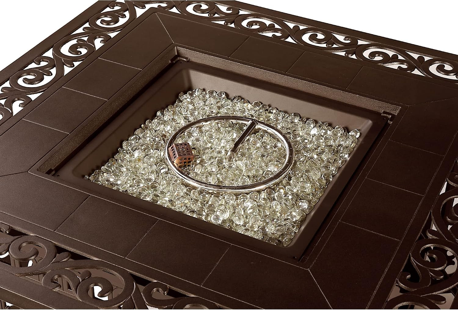 Square 42 In. X 42 In. Aluminum Propane Fire Pit Table with Glass Beads, Two Covers, Lid, 57,000 Btus in Brown Finish