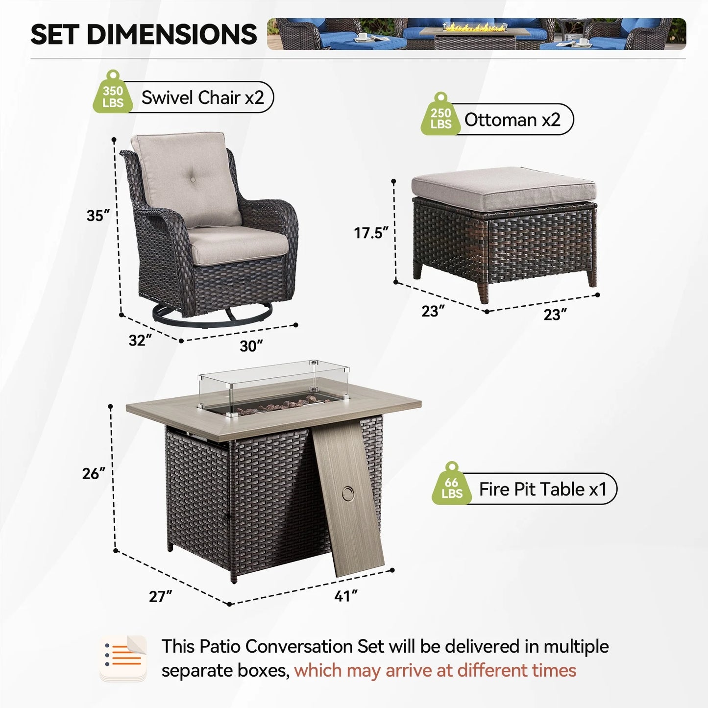 5-Piece High Back Outdoor Wicker Conversation Set with Swivel Chairs, Ottoman & 50,000 BTU Fire Pit Table - Patio Furniture Set for Deck, Porch, Poolside