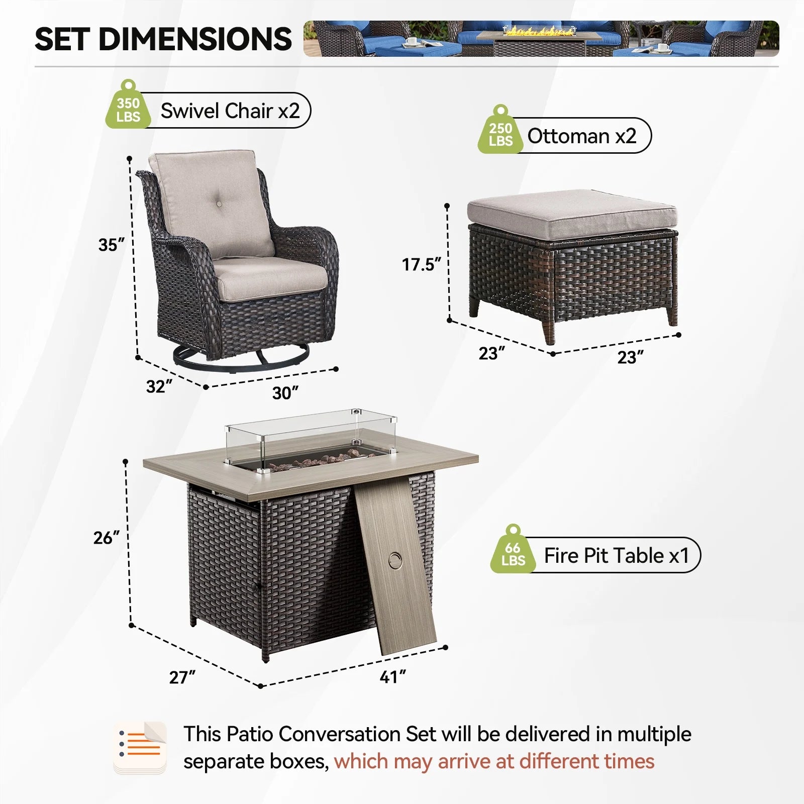 5-Piece High Back Outdoor Wicker Conversation Set with Swivel Chairs, Ottoman & 50,000 BTU Fire Pit Table - Patio Furniture Set for Deck, Porch, Poolside