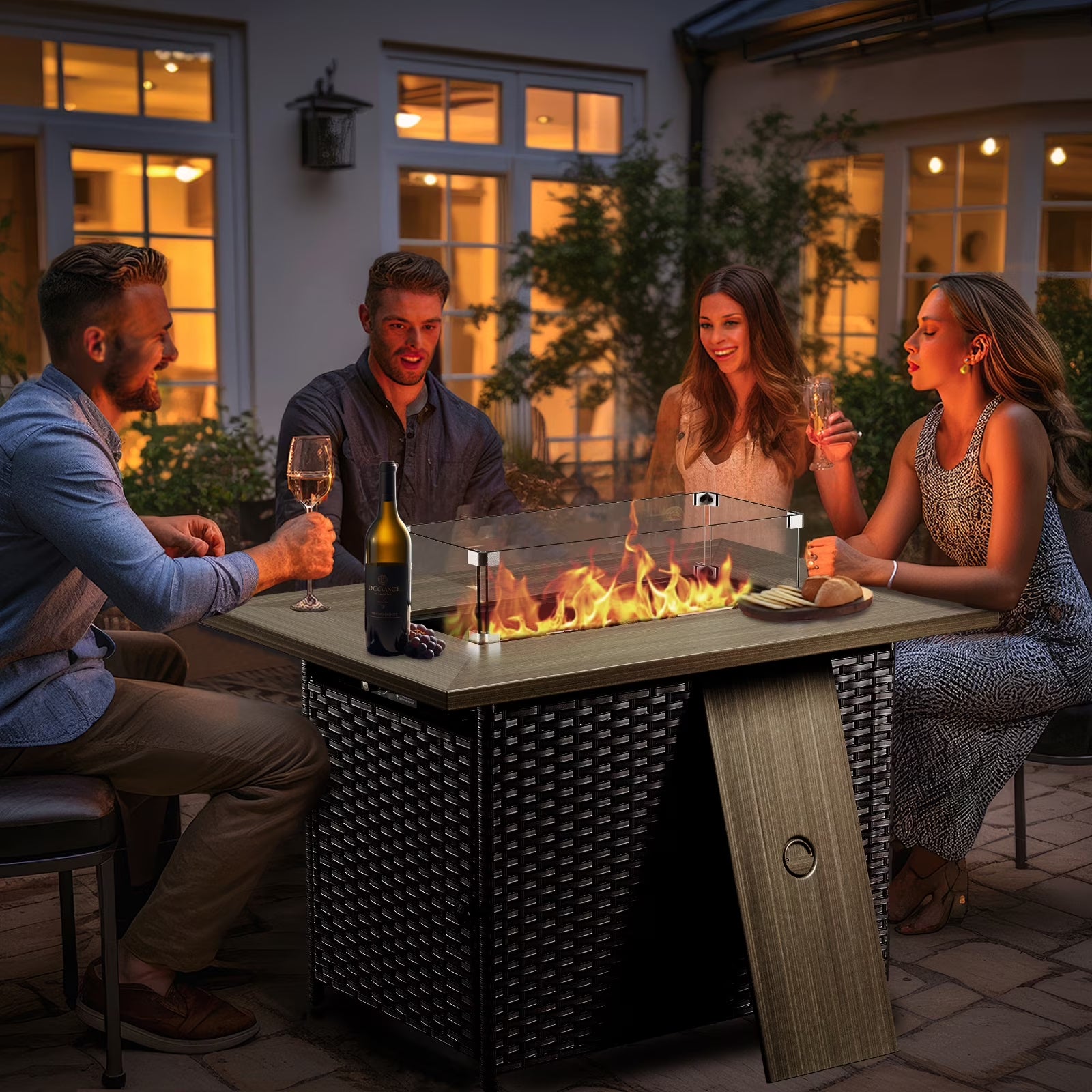 5-Piece High Back Outdoor Wicker Conversation Set with Swivel Chairs, Ottoman & 50,000 BTU Fire Pit Table - Patio Furniture Set for Deck, Porch, Poolside