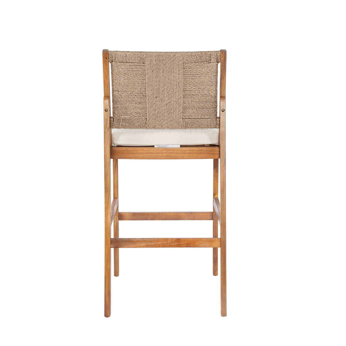 4‑Piece Acacia Wood Outdoor Bar Stool Set — Teak Finish with Woven Wicker & Cream Cushions