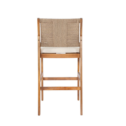 4‑Piece Acacia Wood Outdoor Bar Stool Set — Teak Finish with Woven Wicker & Cream Cushions