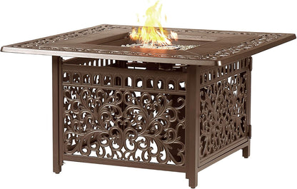 Square 42 In. X 42 In. Aluminum Propane Fire Pit Table with Glass Beads, Two Covers, Lid, 57,000 Btus in Brown Finish