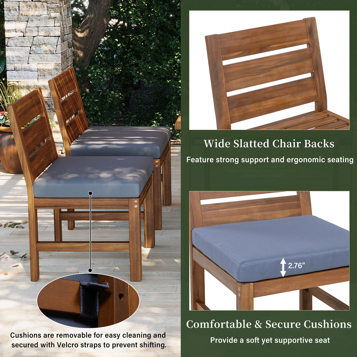 5‑Piece Acacia Wood Outdoor Farmhouse Dining Set with Cushions – Natural Finish