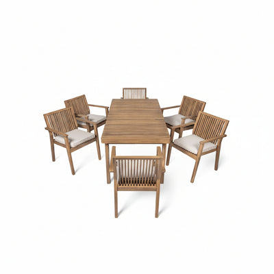 7 Piece Patio Furniture Set Acacia Wood Table And 6 Cushioned Chairs