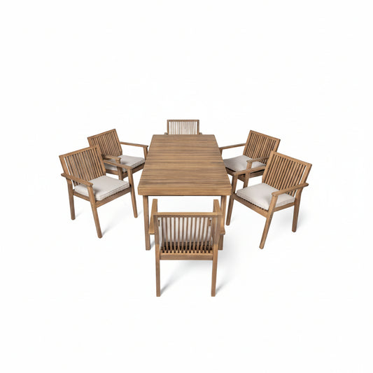 7 Piece Patio Furniture Set Acacia Wood Table And 6 Cushioned Chairs