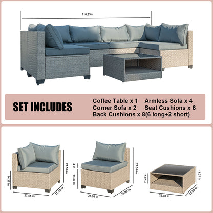 7-Piece Boho Outdoor Wicker Sectional Conversation Set with Grey Cushions & Coffee Table