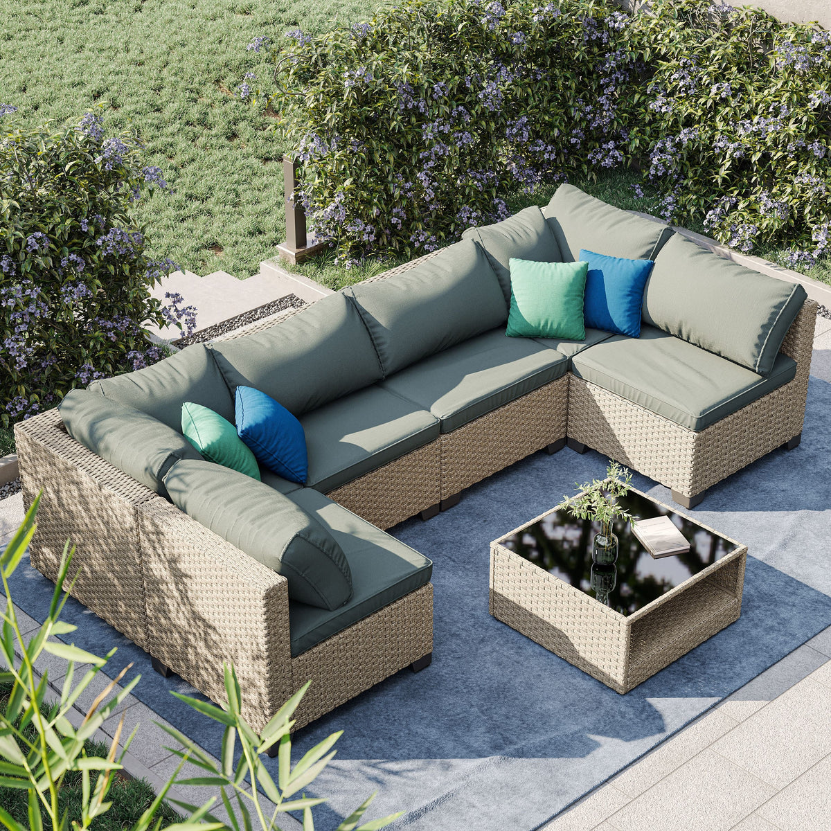 7-Piece Boho Outdoor Wicker Sectional Conversation Set with Grey Cushions & Coffee Table