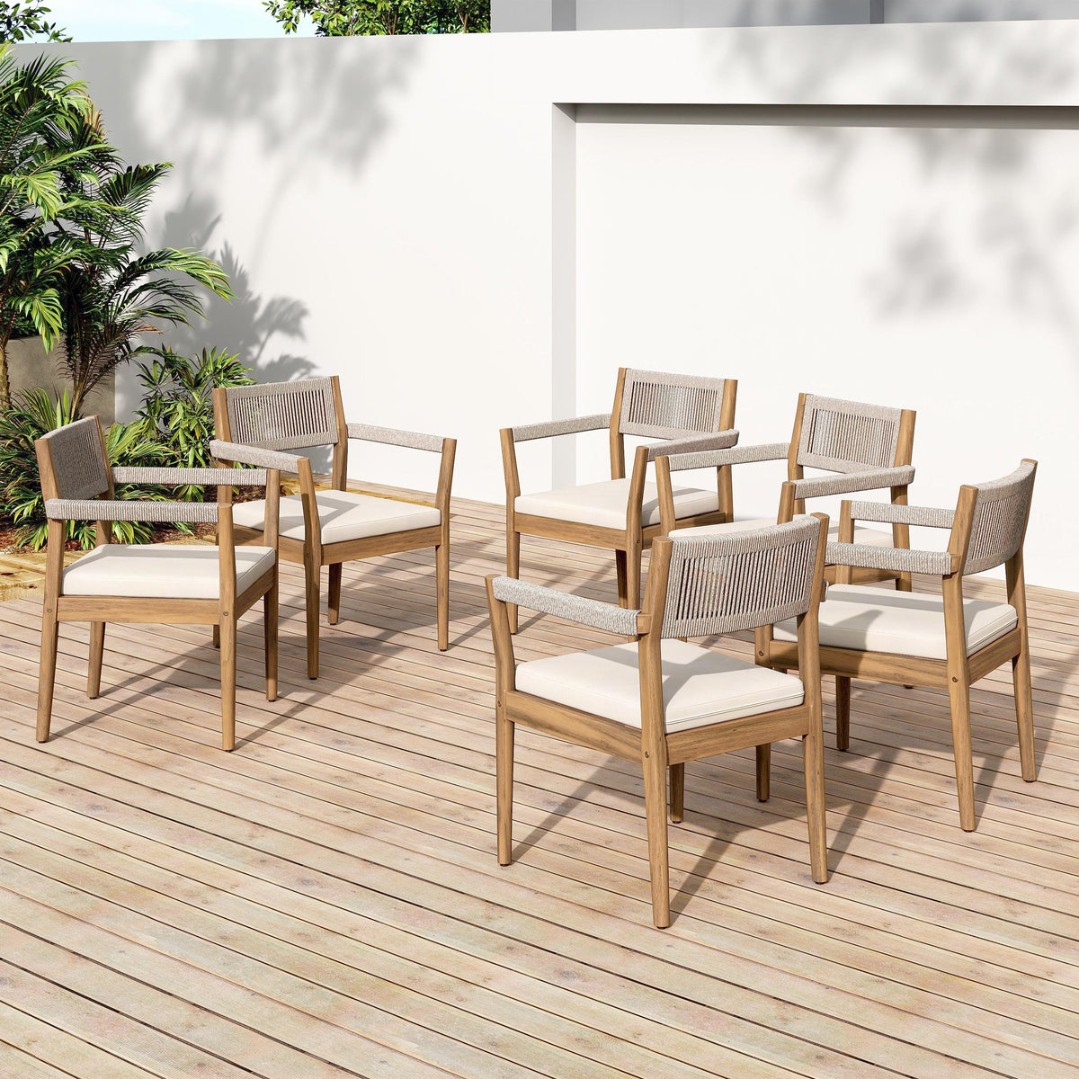 raided Acacia Outdoor Dining Chair Set of 4 — Teak Look with Beige Rope & Cream Cushions