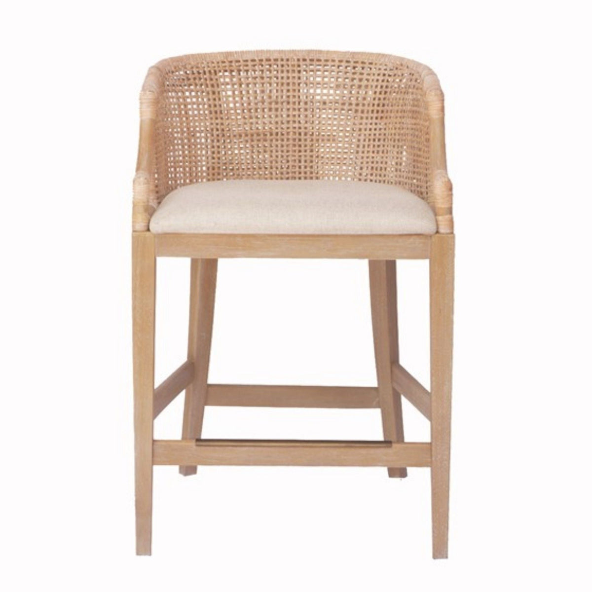 Handcrafted Natural Rattan Counter Stool – Solid Wood Legs, Cushioned Seat & Whitewash Option