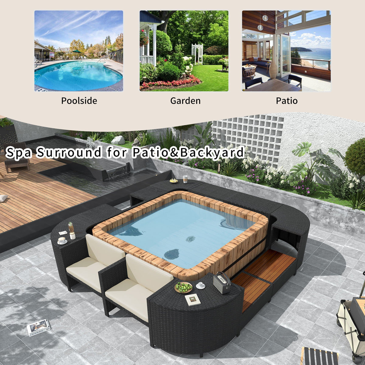 Spa Surround Outdoor Rattan Sectional Sofa Set – Built‑In Storage, Wooden Seats & Cushions (Beige or Gray)
